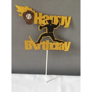 Baseball Theme Happy Birthday  Topper Decoration Black Gold Glitter NEW